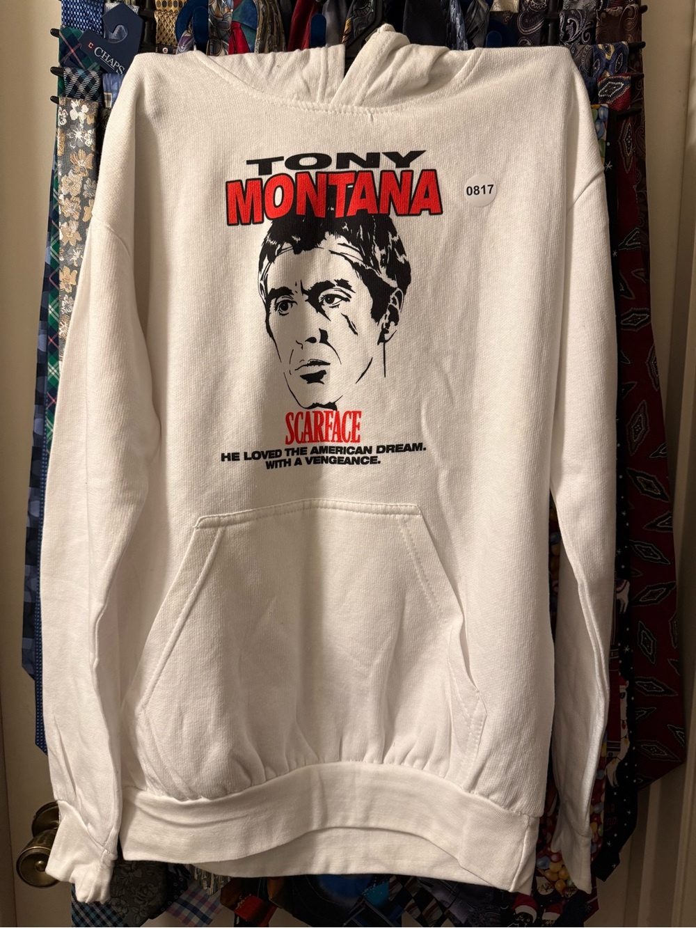 Graphic Image Tony Montana White Hoodie with Red and Black Print